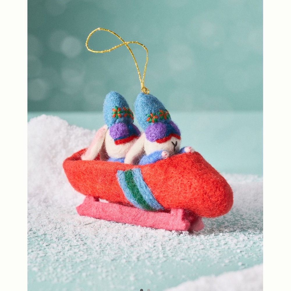 Anthropologie Felt Wool Critter Ornament NEW Sporty Bunny Bobsled Winter